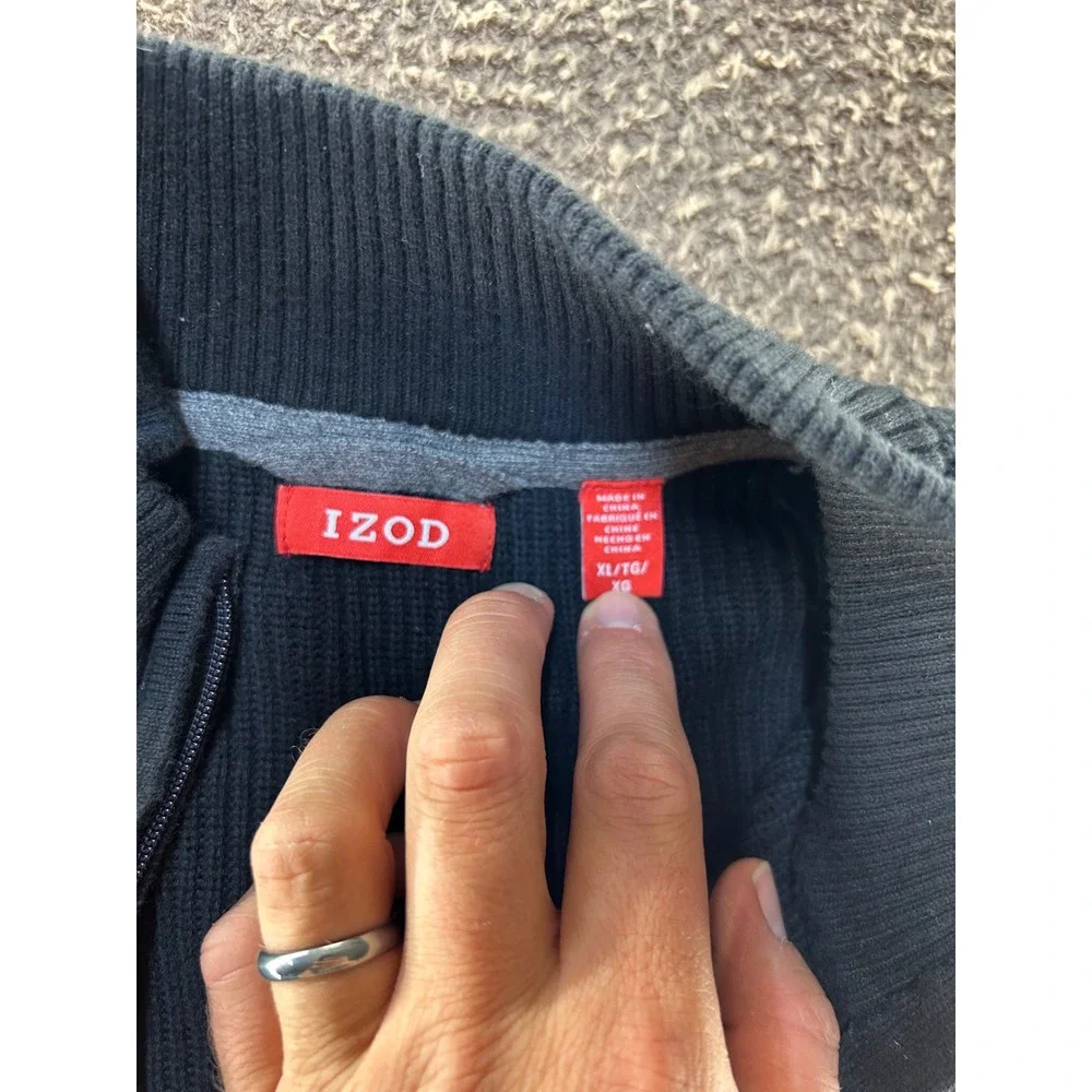 IZOD Mens XL Quarter Zip Sweater Black Grey Striped Cotton Ribbed Knit Pullover